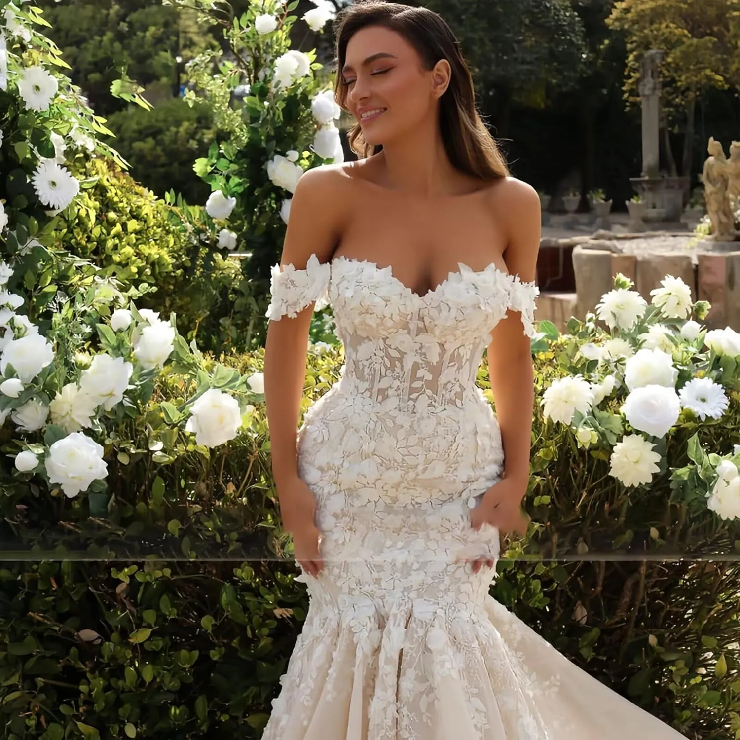 Zeeyecie Off Shoulder Tulle Wedding Dresses Mermaid Lace Applique V-Neck Sparkly Bridal Gowns with Train for Brides