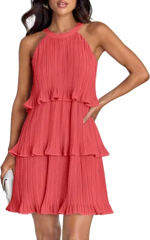 ZESICA Women's 2025 Summer Halter Dresses Sleeveless Ruffle Tiered Layered Chiffon Pleated A Line Swing Mini Dress