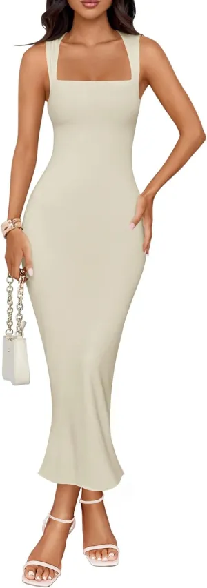 ZESICA Women's Summer Bodycon Midi Dress Sleeveless Square Neck Slim Fit Back Slit Long Cocktail Party Dresses