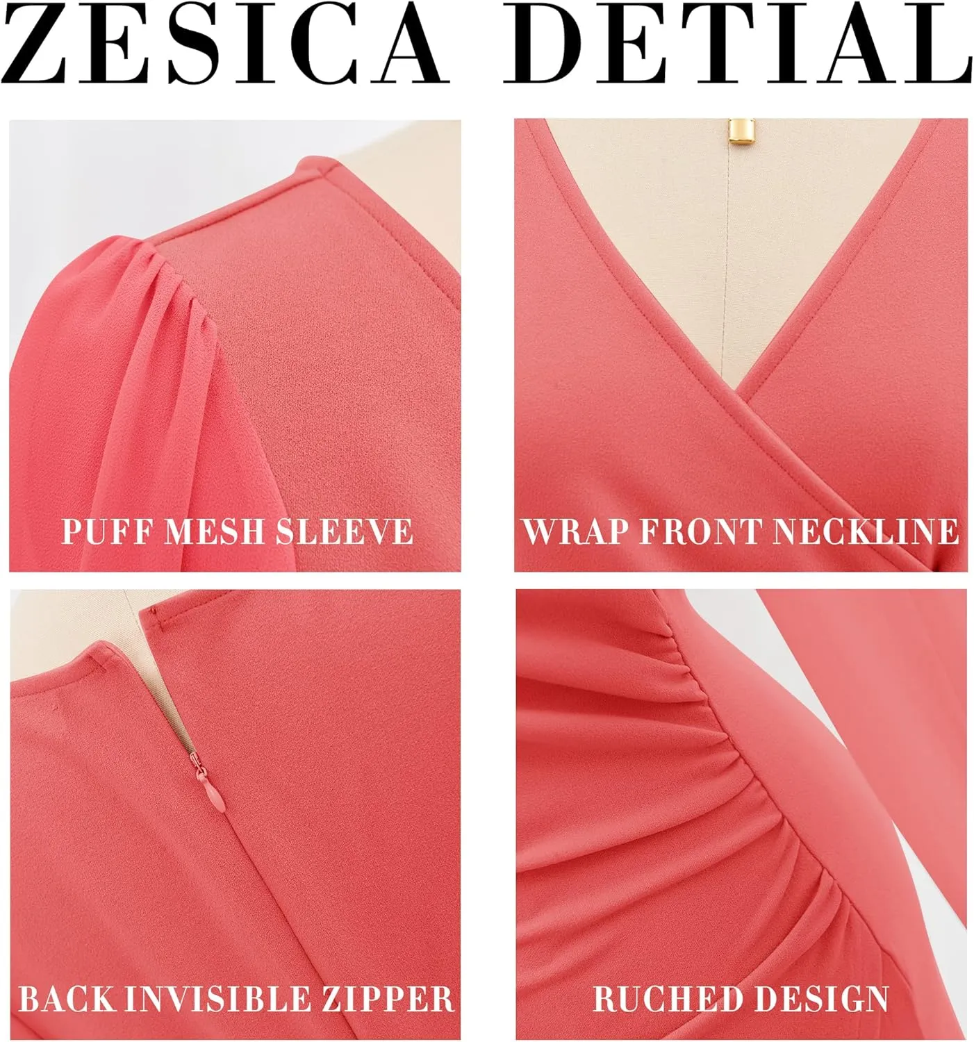 ZESICA Women's Wrap V Neck Bodycon Mini Dress Puff Long Sleeve Ruched Asymmetrical Hem Cocktail Party Short Dresses