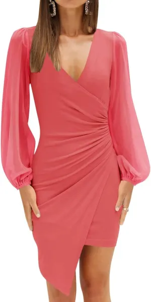 ZESICA Women's Wrap V Neck Bodycon Mini Dress Puff Long Sleeve Ruched Asymmetrical Hem Cocktail Party Short Dresses