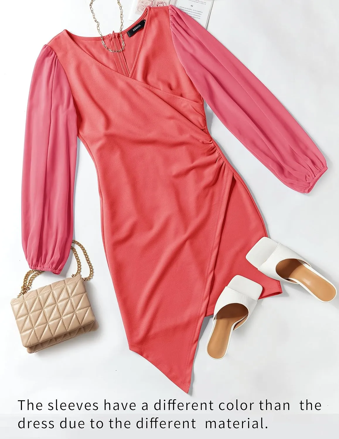 ZESICA Women's Wrap V Neck Bodycon Mini Dress Puff Long Sleeve Ruched Asymmetrical Hem Cocktail Party Short Dresses