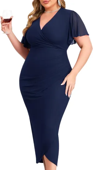 ZOMVA Plus Size Bodycon Formal Dress Sparkly V-Neck Wrap Midi Ruffle Sleeves Cocktail Prom Glitter Wedding Guest Dress
