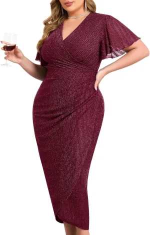 ZOMVA Plus Size Bodycon Formal Dress Sparkly V-Neck Wrap Midi Ruffle Sleeves Cocktail Prom Glitter Wedding Guest Dress