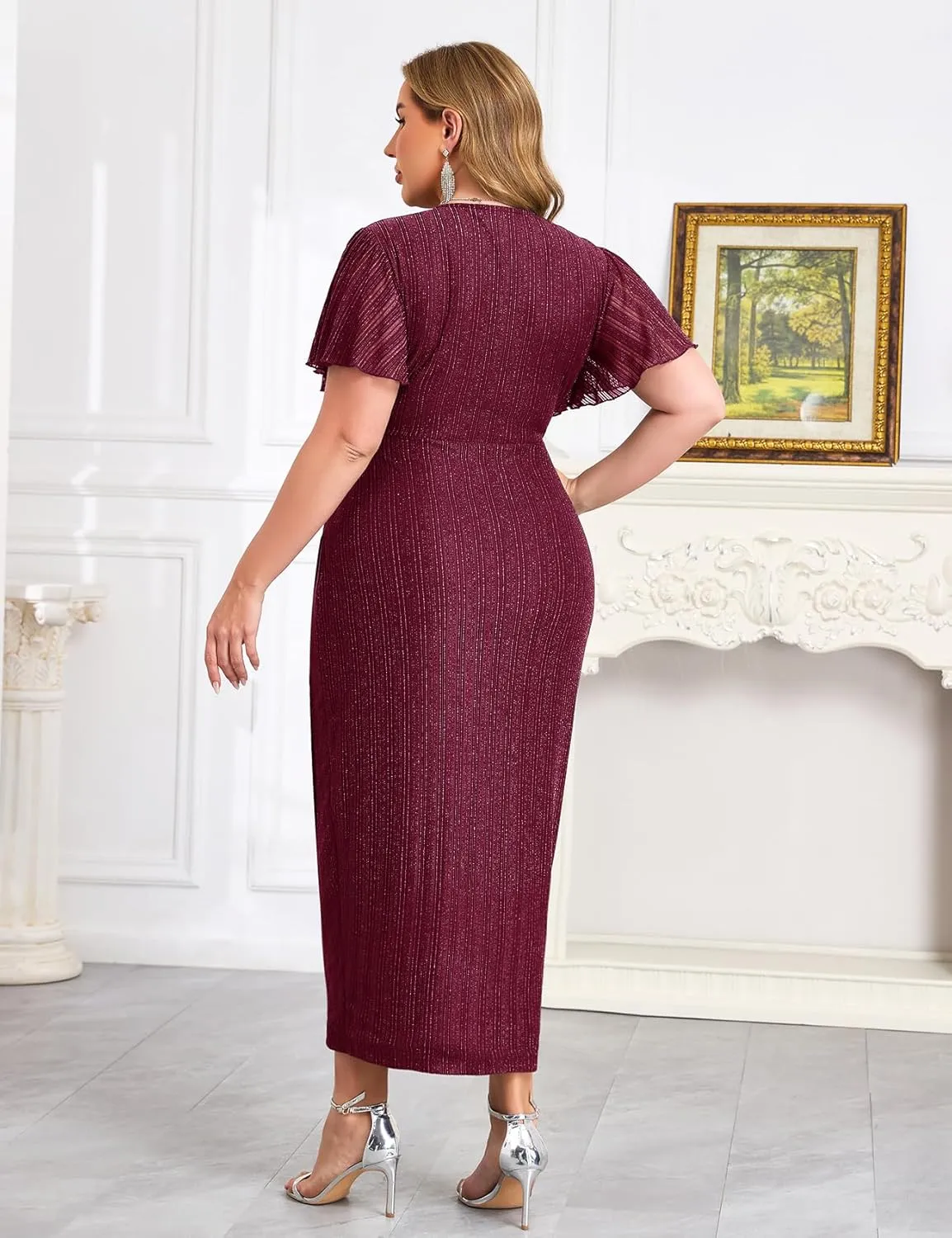 ZOMVA Plus Size Bodycon Formal Dress Sparkly V-Neck Wrap Midi Ruffle Sleeves Cocktail Prom Glitter Wedding Guest Dress