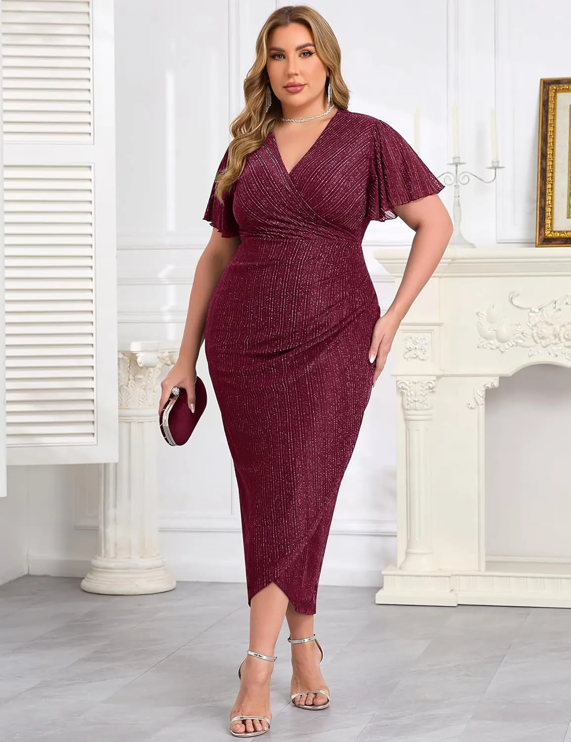 ZOMVA Plus Size Bodycon Formal Dress Sparkly V-Neck Wrap Midi Ruffle Sleeves Cocktail Prom Glitter Wedding Guest Dress